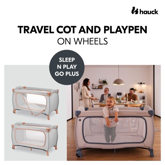 Hauck Travel cot XXL economy set - Sleep N Play Go Plus incl. Alvi travel cot mattress + waterproof bed insert + 2 fitted sheets + insect screen - Dusty Cork