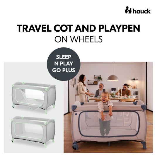 Hauck Set economico per lettino da viaggio XXL - Sleep N Play Go Plus con materasso per lettino da viaggio Alvi + inserto impermeabile + 2 lenzuola + zanzariera - Menta polverosa