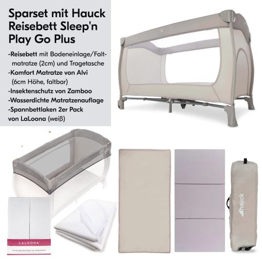 Hauck Reisebett XXL-Sparset - Sleep'n Play Go Plus inkl. Reisebettmatratze Komfort klappbar + Wasserdichte Betteinlage + 2 Spannbettlaken + Insektenschutz - Beige