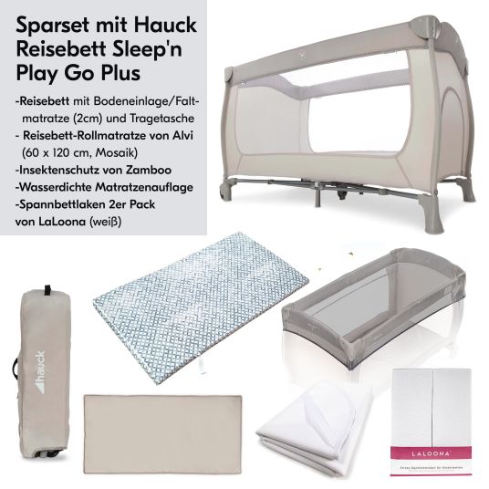 Hauck Reisebett XXL-Sparset - Sleep'n Play Go Plus inkl. Reisebettmatratze Mosaik rollbar + Wasserdichte Betteinlage + 2 Spannbettlaken + Insektenschutz - Beige
