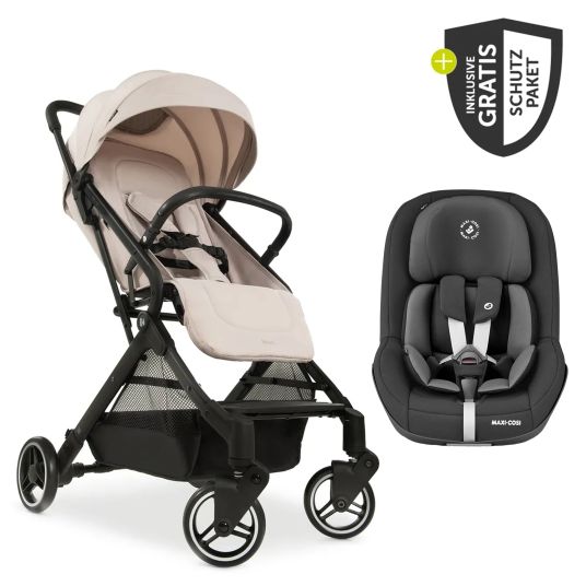 Hauck Travel buggy & pushchair Travel N Care with reclining function, only 6.8 kg (load capacity up to 22 kg) incl. Reboarder Pearl Pro 2 & XXL accessory pack - Beige