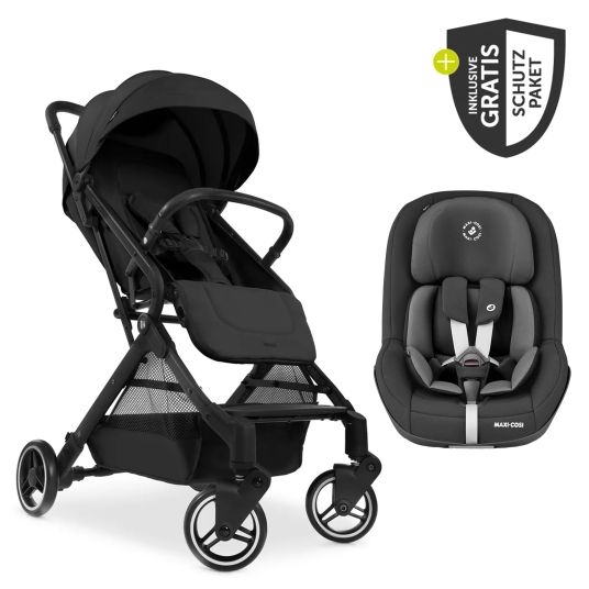 Hauck Travel buggy & pushchair Travel N Care with reclining function, only 6.8 kg (load capacity up to 22 kg) incl. Reboarder Pearl Pro 2 & XXL accessory pack - Black