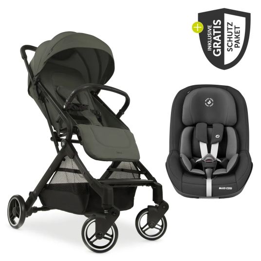 Hauck Travel buggy & pushchair Travel N Care with reclining function, only 6.8 kg (load capacity up to 22 kg) incl. Reboarder Pearl Pro 2 & XXL accessory pack - Dark Olive