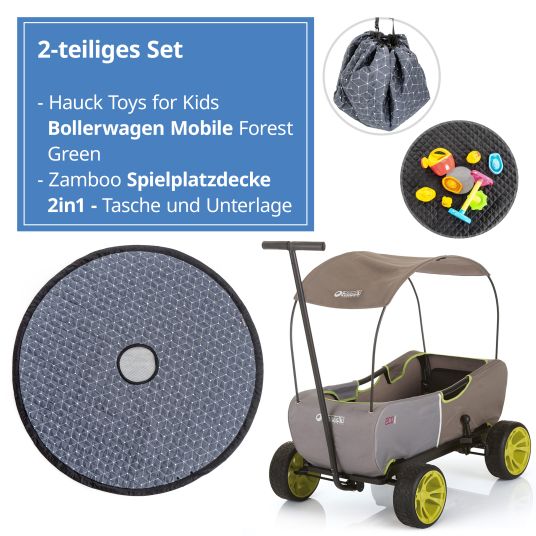 Hauck Toys for Kids Handcart Eco Mobil - foldable with roof, transport trolley & handcart for 2 children incl. playground blanket 2in1 - Forest Green