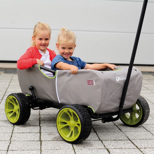 Hauck Toys for Kids Handcart Eco Mobil - pieghevole con tetto, carrello di trasporto e handcart per 2 bambini con coperta da gioco 2in1 - Verde Foresta