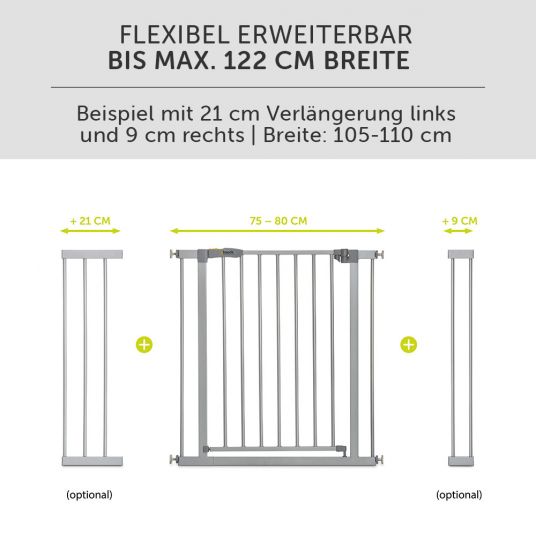Hauck Treppenschutzgitter Stop N Safe 2 (96 bis 101 cm) inkl. 21 cm Verlängerung - ohne Bohren - Silver