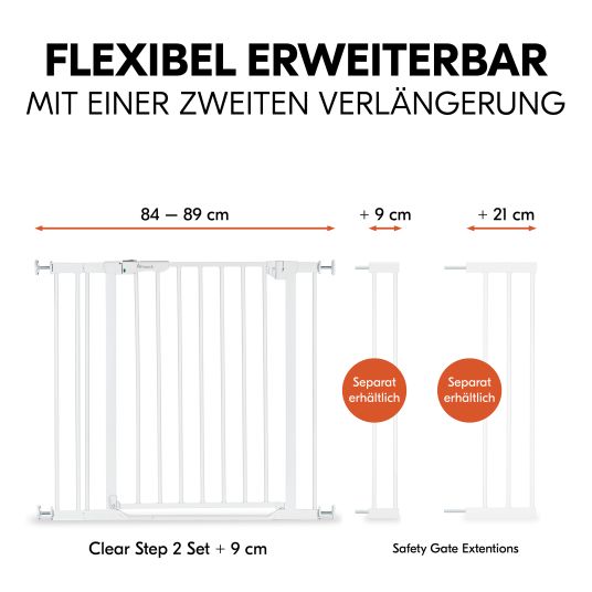 Hauck Türschutzgitter / Treppenschutzgitter Clear Step 2 (75-80 cm) inkl. 9 cm Verlängerung - White
