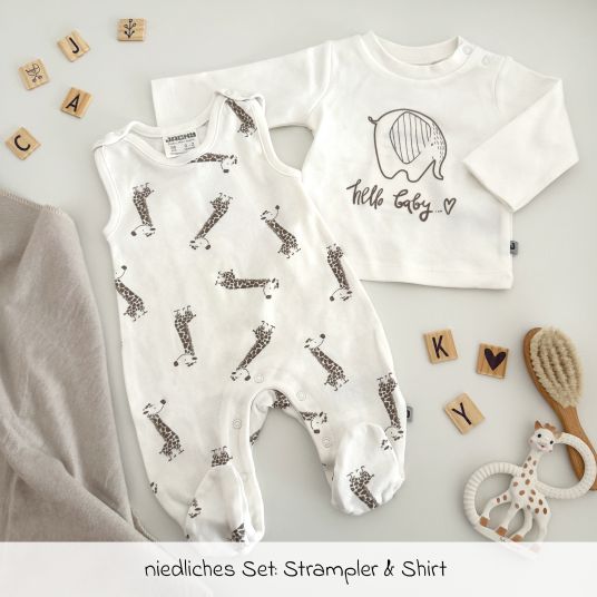 Jacky 2-tlg. Set Strampler & Shirt - Giraffe & Elefant - Offwhite - Gr. 68