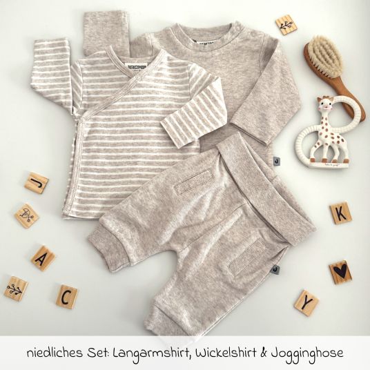 Jacky 3-tlg. Set Langarmshirt, Wickelshirt & Jogginghose - Beige Melange - Gr. 74