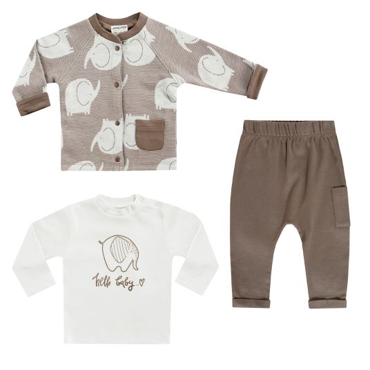 Jacky 3-tlg. Set Strickjacke, Langarmshirt & Jogginghose - Elefant - Mokka Offwhite - Gr. 74