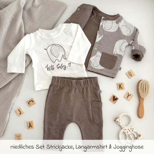 Jacky 3-tlg. Set Strickjacke, Langarmshirt & Jogginghose - Elefant - Mokka Offwhite - Gr. 74