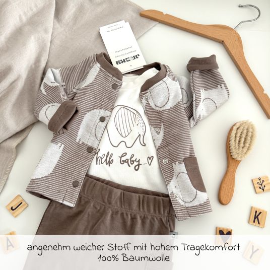 Jacky 3-tlg. Set Strickjacke, Langarmshirt & Jogginghose - Elefant - Mokka Offwhite - Gr. 74