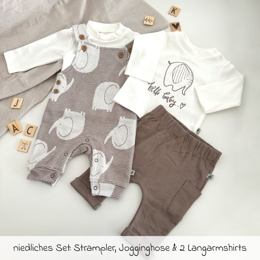 Jacky 4-tlg. Set Strampler, Jogginghose & 2 Langarmshirts - Elefant - Mokka Offwhite - Gr. 74