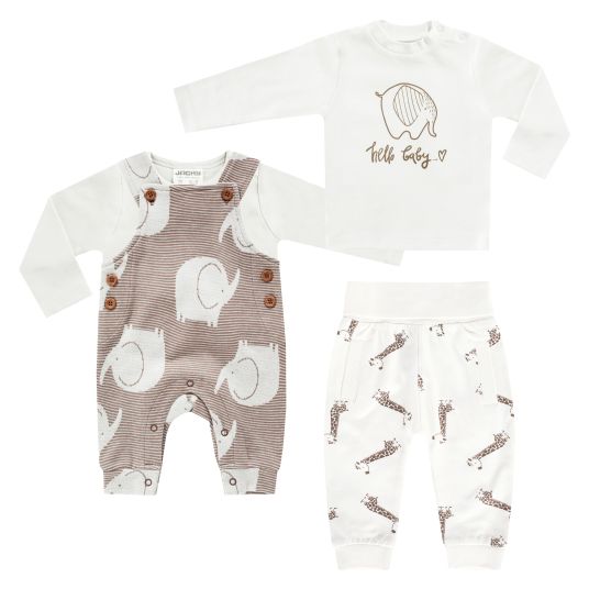 Jacky 4-tlg. Set Strampler, Langarmshirt & Jogginghose - Giraffe & Elefant - Offwhite Mokka - Gr. 74