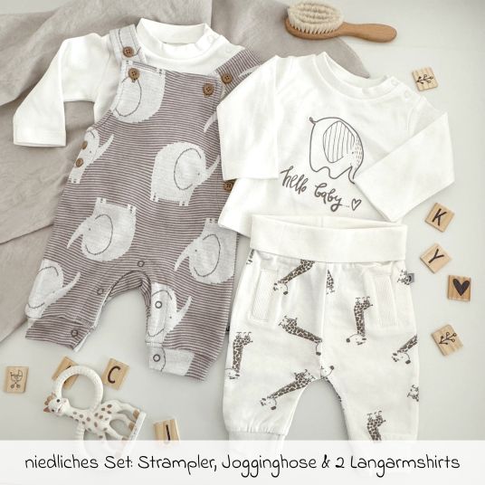 Jacky 4-tlg. Set Strampler, Langarmshirt & Jogginghose - Giraffe & Elefant - Offwhite Mokka - Gr. 74