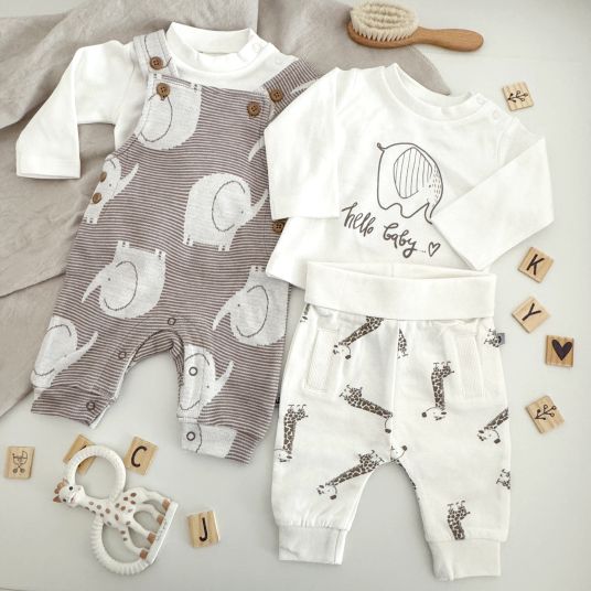 Jacky 4-tlg. Set Strampler, Langarmshirt & Jogginghose - Giraffe & Elefant - Offwhite Mokka - Gr. 74