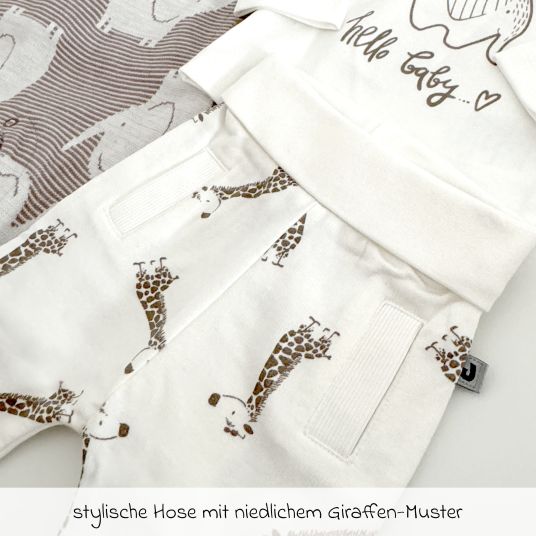 Jacky 4-tlg. Set Strampler, Langarmshirt & Jogginghose - Giraffe & Elefant - Offwhite Mokka - Gr. 74