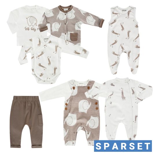 Jacky 8-tlg. Set Strickjacke, 2x Strampler, 2x Langarmshirt, Wickelbody, Jogginghose & Schlafanzug - Giraffe & Elefant - Offwhite Mokka - Gr. 68