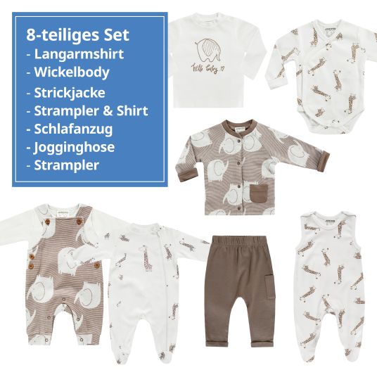 Jacky 8-tlg. Set Strickjacke, 2x Strampler, 2x Langarmshirt, Wickelbody, Jogginghose & Schlafanzug - Giraffe & Elefant - Offwhite Mokka - Gr. 68