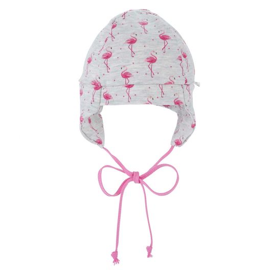 Jacobs Babymoden Mütze zum Binden - Flamingos Grau Pink - Gr. 38/40
