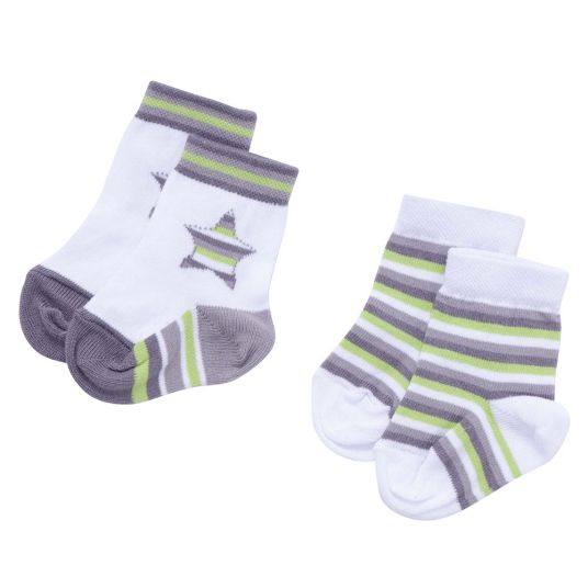Jacobs Babymoden Socks 2 Pack - Star & Striped White Grey Green - Size 17/18