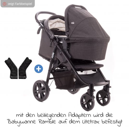 joie 2in1 Kombi-Kinderwagen-Set Litetrax bis 22 kg belastbar mit Schieber-Ablagefach, Babywanne Ramble, Adapter & Zubehör Paket - Pebble