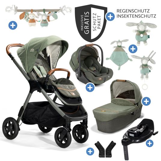 joie 4in1 Kombi-Kinderwagen-Set Finiti bis 22 kg belastbar mit Liegeposition, Kinderwagenkette, Greifling, Spieluhr, Schmusetuch - Teleskopschieber, Sportsitz, Babywanne Ramble XL, Adapter & Zubehörpaket - Signature - Pine