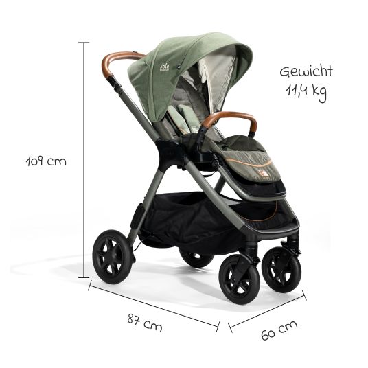 joie 4in1 Kombi-Kinderwagen-Set Finiti bis 22 kg belastbar mit Liegeposition, Kinderwagenkette, Greifling, Spieluhr - Teleskopschieber, Sportsitz, Babywanne Ramble XL, Babyschale, Adapter & Zubehörpaket - Signature - Pine