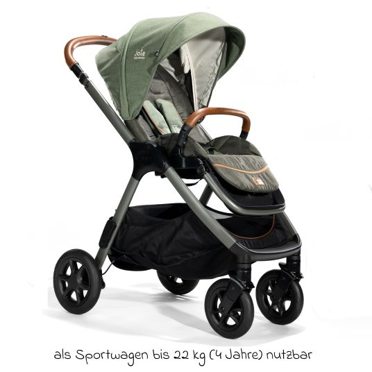 joie 4in1 Kombi-Kinderwagen-Set Finiti bis 22 kg belastbar mit Liegeposition, Kinderwagenkette, Greifling, Spieluhr - Teleskopschieber, Sportsitz, Babywanne Ramble XL, Babyschale, Adapter & Zubehörpaket - Signature - Pine