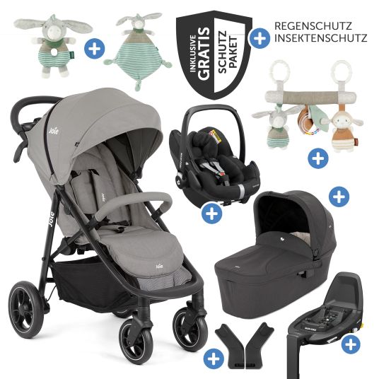 joie Set passeggino Litetrax 4in1 con capacità di carico fino a 22 kg con pneumatici, navicella Ramble, seggiolino auto Pebble Pro, base Isofix, trapezio attività, peluche, gioco da afferrare, adattatore e pacchetto accessori - Pebble