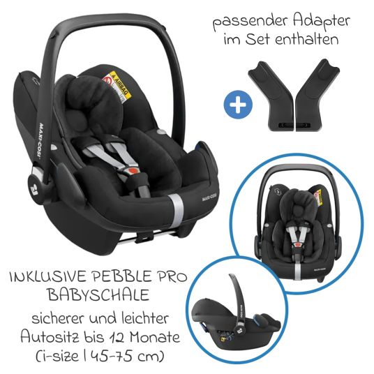 joie Set passeggino Litetrax 4in1 con capacità di carico fino a 22 kg con pneumatici, navicella Ramble, seggiolino auto Pebble Pro, base Isofix, trapezio attività, peluche, gioco da afferrare, adattatore e pacchetto accessori - Pebble