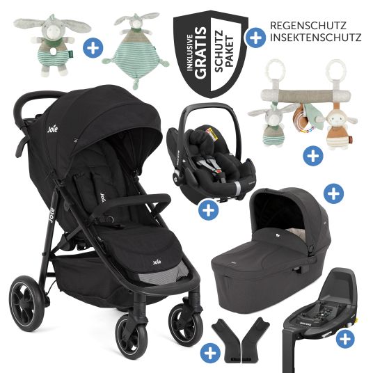 joie Set passeggino Litetrax 4in1 con capacità di carico fino a 22 kg con pneumatici, navicella Ramble, seggiolino auto Pebble Pro, base Isofix, trapezio attività, peluche, gioco da afferrare, adattatore e pacchetto accessori - Shale