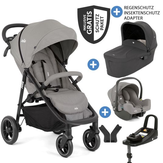 joie 4in1 baby carriage set Litetrax up to 22 kg load capacity with push bar storage compartment, i-Snug 2 infant car seat, Ramble carrycot, adapter, Isofix base & accessories package - Pebble