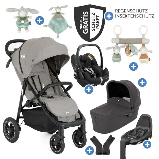 joie Set passeggino 4in1 Litetrax Pro Air fino a 22 kg di portata con pneumatici, navicella Ramble, seggiolino auto Pebble Pro, base Isofix, imbracatura per attività, peluche, gioco da afferrare, adattatore e pacchetto accessori - Pebble