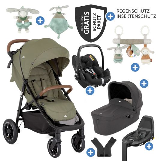 joie 4in1 Kombi-Kinderwagen-Set Litetrax Pro Air bis 22 kg belastbar mit Luftreifen, Babywanne Ramble, Babyschale Pebble Pro, Isofix-Basis, Activity-Trapez, Schmusetuch, Greifling, Adapter & Zubehörpaket - Rosemary