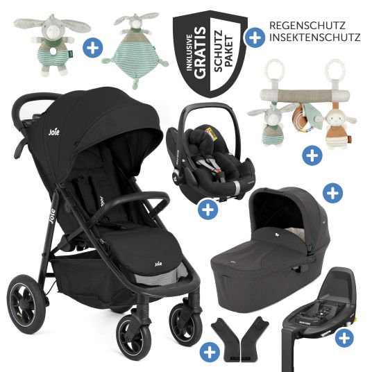 joie Set passeggino Litetrax Pro Air 4in1 con capacità di carico fino a 22 kg con pneumatici, navicella Ramble, seggiolino auto Pebble Pro, base Isofix, imbracatura per attività, peluche, gioco da afferrare, adattatore e pacchetto accessori - Shale