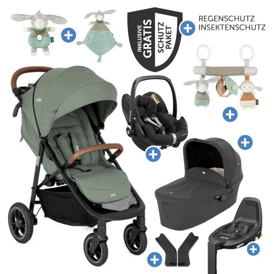 joie Set passeggino Litetrax Pro 4in1 con capacità di carico fino a 22 kg con pneumatici, navicella Ramble, seggiolino auto Pebble Pro, base Isofix, trapezio attività, peluche, gioco da afferrare, adattatore e pacchetto accessori - Laurel