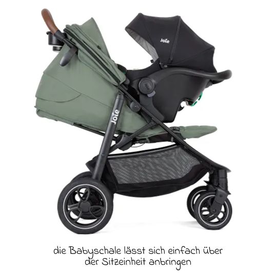 joie Set passeggino Litetrax Pro 4in1 con capacità di carico fino a 22 kg con pneumatici, navicella Ramble, seggiolino auto Pebble Pro, base Isofix, trapezio attività, peluche, gioco da afferrare, adattatore e pacchetto accessori - Laurel