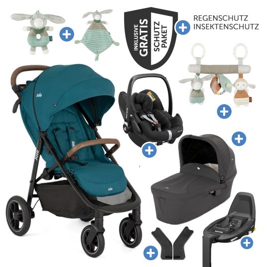 joie Set passeggino Litetrax Pro 4in1 con capacità di carico fino a 22 kg con pneumatici, navicella Ramble, seggiolino auto Pebble Pro, base Isofix, trapezio attività, peluche, gioco da afferrare, adattatore e pacchetto accessori - Peacock