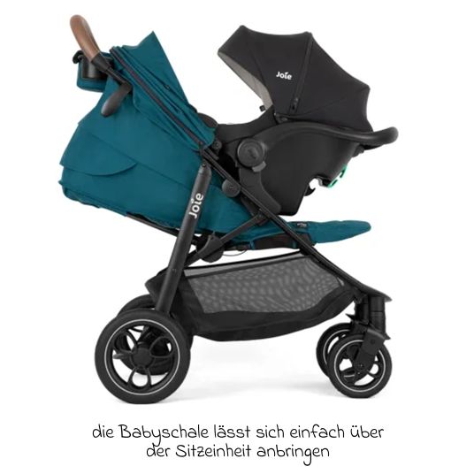 joie Set passeggino Litetrax Pro 4in1 con capacità di carico fino a 22 kg con pneumatici, navicella Ramble, seggiolino auto Pebble Pro, base Isofix, trapezio attività, peluche, gioco da afferrare, adattatore e pacchetto accessori - Peacock