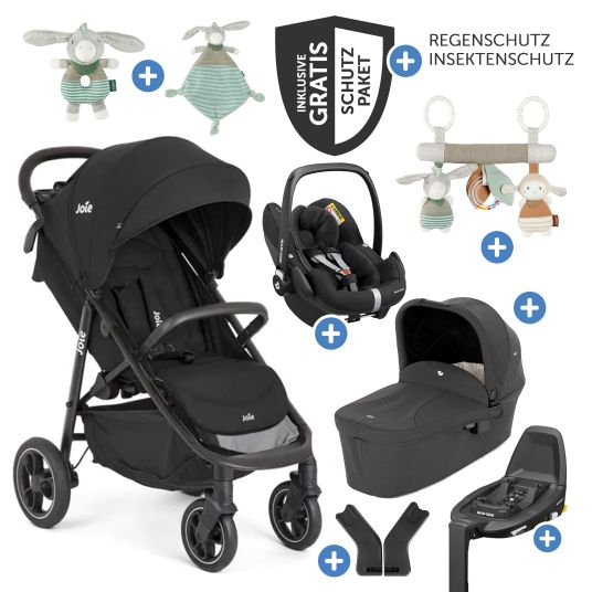 joie Set passeggino Litetrax Pro 4in1 con capacità di carico fino a 22 kg con pneumatici, navicella Ramble, seggiolino auto Pebble Pro, base Isofix, trapezio per attività, peluche, gioco da afferrare, adattatore e pacchetto accessori - Shale