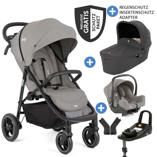 joie 4in1 baby carriage set Litetrax Pro up to 22 kg load capacity with push bar storage compartment, i-Snug 2 infant car seat, Ramble carrycot, adapter, Isofix base & accessories package - Pebble