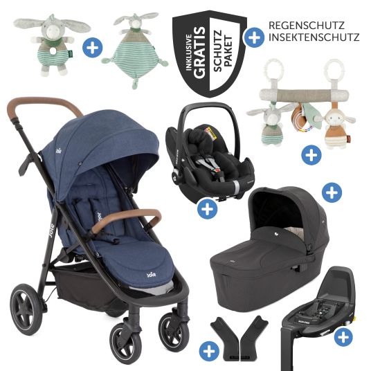 joie Set passeggino 4in1 Mytrax Pro fino a 22 kg di portata con pneumatici, navicella Ramble, seggiolino auto Pebble Pro, base Isofix, trapezio attività, peluche, gioco da afferrare, adattatore e pacchetto accessori - Blueberry