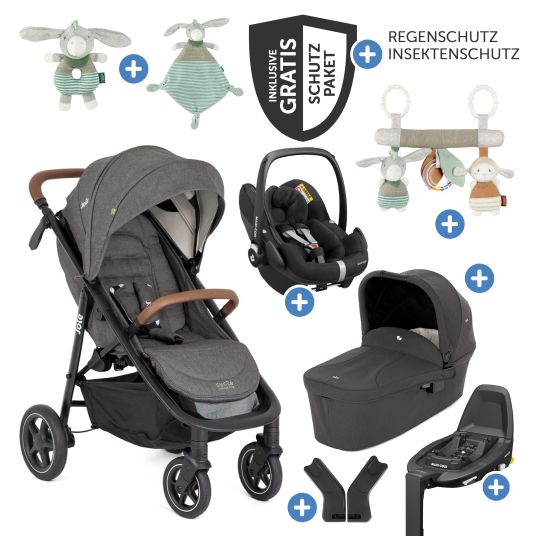 joie Set passeggino 4in1 Mytrax Pro fino a 22 kg di portata con pneumatici, navicella Ramble, seggiolino auto Pebble Pro, base Isofix, imbracatura per attività, peluche, gioco da afferrare, adattatore e pacchetto accessori - Cycle Collection - Shell Gray