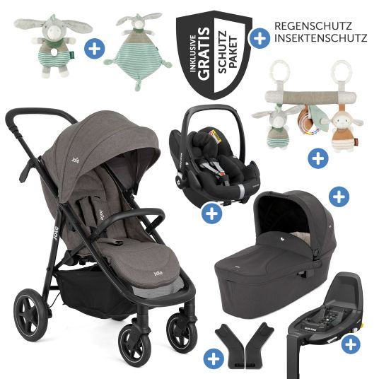 joie 4in1 baby carriage set Mytrax Pro up to 22 kg load capacity with pneumatic tires, Ramble carrycot, Pebble Pro infant car seat, Isofix base, activity trapeze, cuddly toy, grasping toy, adapter & accessory pack - Thunder