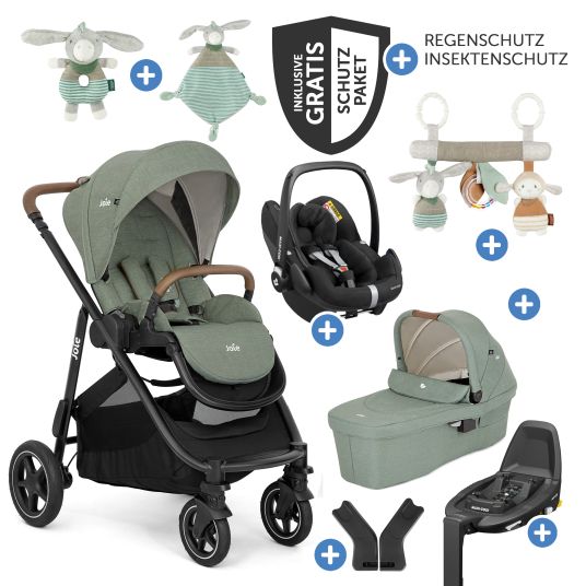 joie Set 4in1 Versatrax per passeggini fino a 22 kg con navicella Ramble XL, seggiolino auto Pebble Pro, base Isofix, cintura attività, peluche, gioco da afferrare, adattatore e pacchetto accessori - Laurel