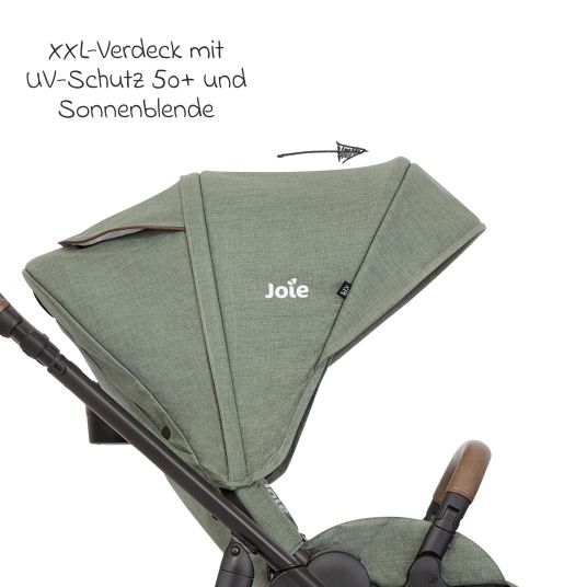 joie 4in1 Kombi-Kinderwagen-Set Versatrax bis 22 kg belastbar mit Babywanne Ramble XL, Babyschale Pebble Pro, Isofix-Basis, Activity-Trapez, Schmusetuch, Greifling, Adapter & Zubehörpaket - Laurel