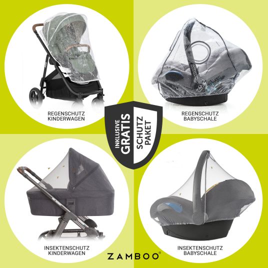 joie Set 4in1 Versatrax per passeggini fino a 22 kg con navicella Ramble XL, seggiolino auto Pebble Pro, base Isofix, cintura attività, peluche, gioco da afferrare, adattatore e pacchetto accessori - Laurel