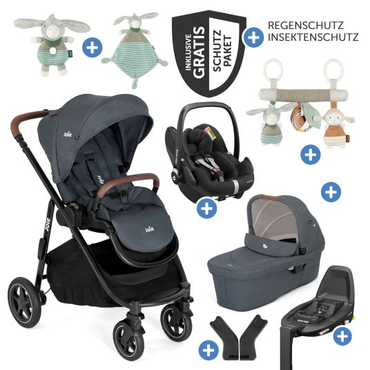 joie 4in1 Versatrax baby carriage set for baby carriages up to 22 kg with Ramble XL carrycot, Pebble Pro infant car seat, Isofix base, activity harness, cuddly toy, grasping toy, adapter & accessory pack - Moonlight