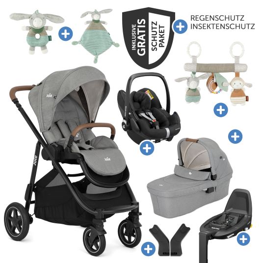 joie Set 4in1 Versatrax per passeggini fino a 22 kg con navicella Ramble XL, seggiolino auto Pebble Pro, base Isofix, trapezio attività, peluche, gioco da afferrare, adattatore e pacchetto accessori - Pebble